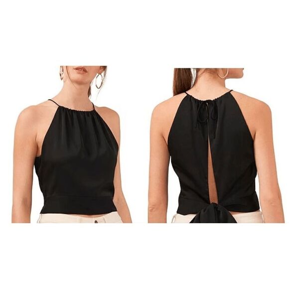 1. State Tops - 1. STATE Women's Black Sleeveless Tie Back Halter Neck Satin Top XS